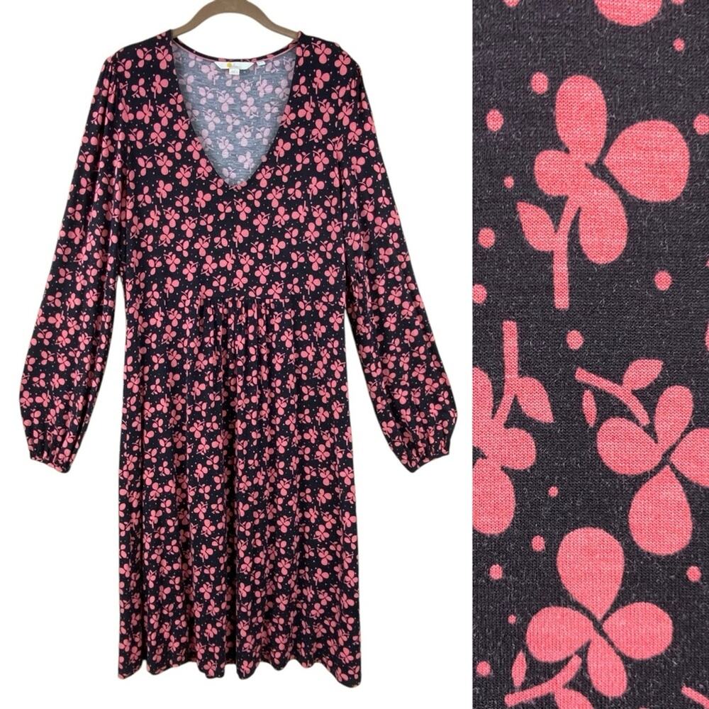 Boden Floral Jersey Knit Hattie Dress Size 12 Long Black Pink